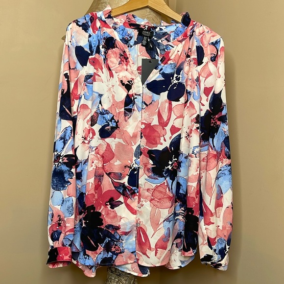 Jones New York Flower Blouse Size XL  Ruffle Neck Puff
Sleeve - Picture 4 of 14